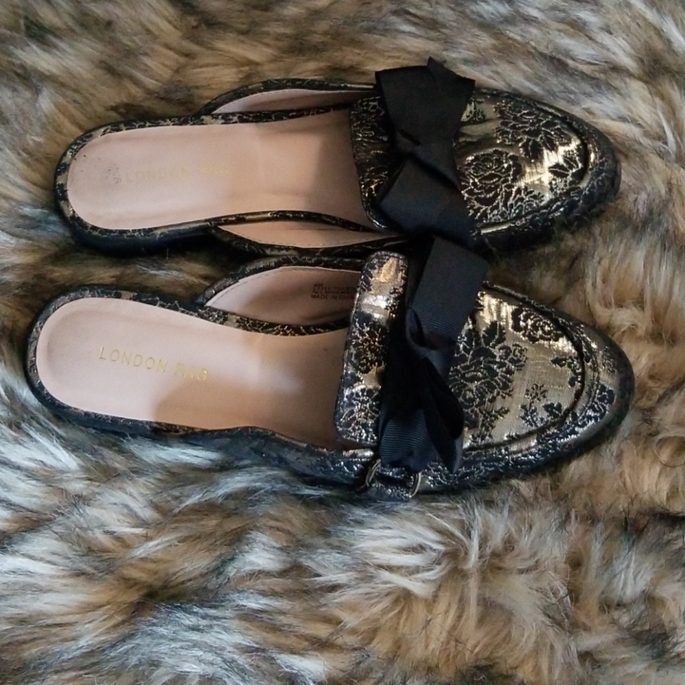 Gold and black brocade mule slides